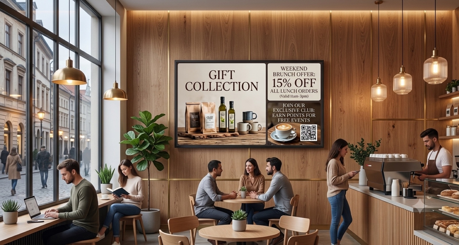 Cafe interior with a promotional screen above the counter