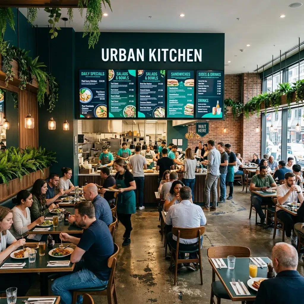 A busy restaurant with digital menu boards above the counter
