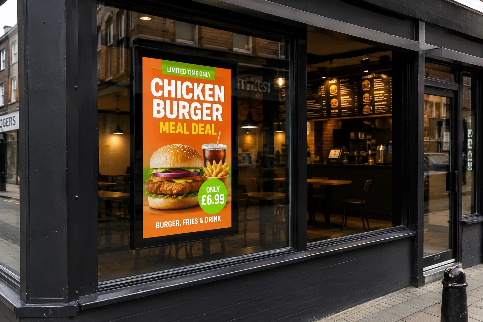 Bright digital meal promotion displayed in a restaurant shop window