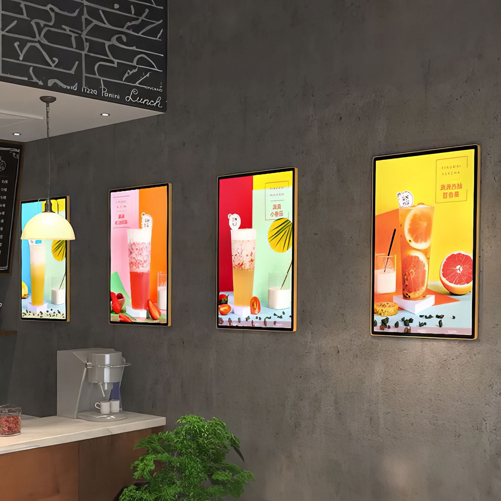 Retail promotional signage screens in a shop environment