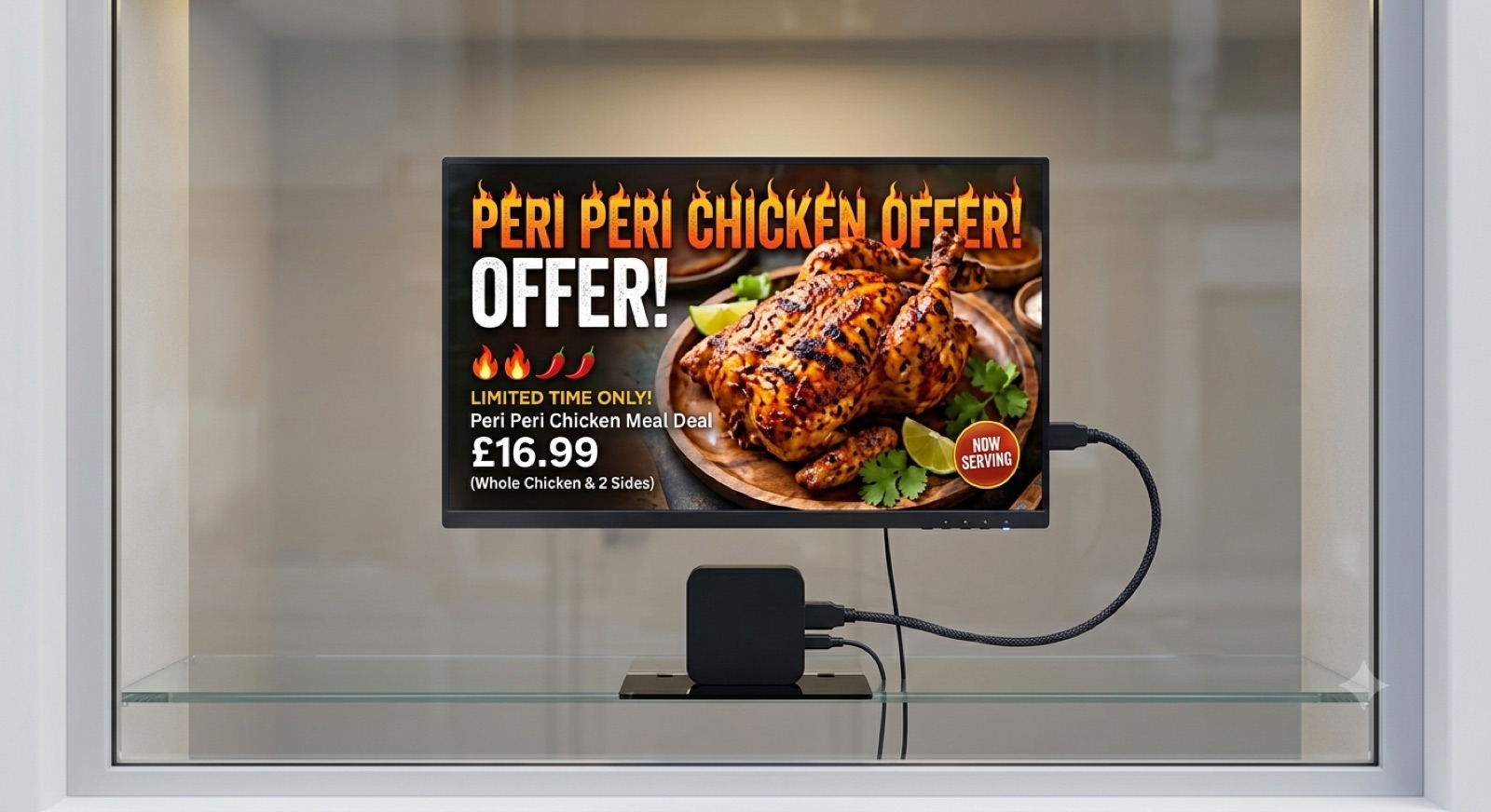 ScreenFizz Player connected to a display showing a business promotion