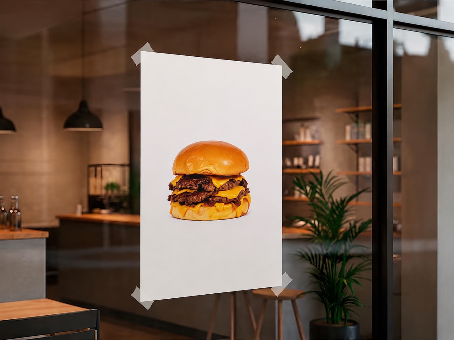 A paper burger poster taped to a restaurant window
